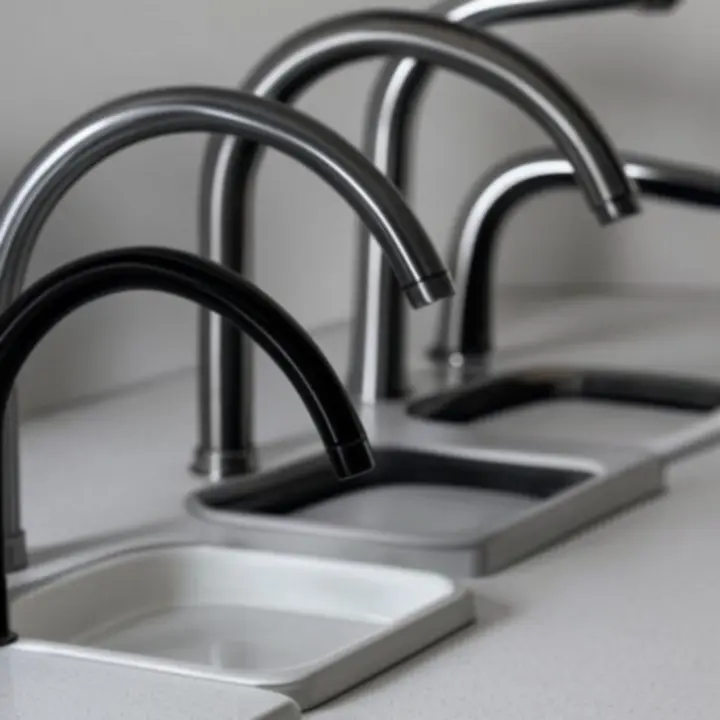 Zbliżenie różnych wykończeń baterii łazienkowych: chrom, stal szczotkowana, biały i czarny mat