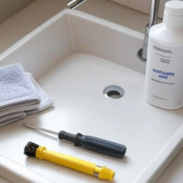 Narzędzia i środki czystości używane do konserwacji armatury i ceramiki łazienkowej